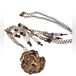 Art Nouveau Style Brass Pendant Necklace Mother of Pearl Beads